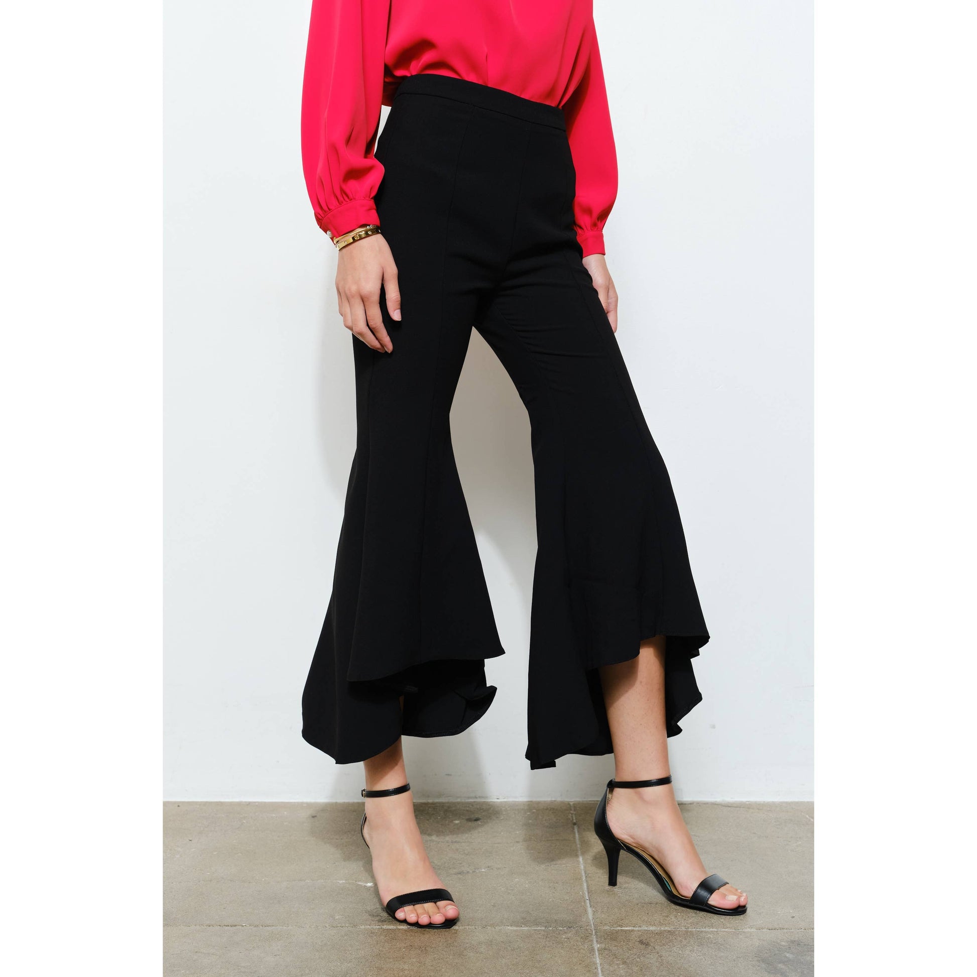 Draped Ruffle High-Low Flare Pants in Grey - Jaunts Boutique 