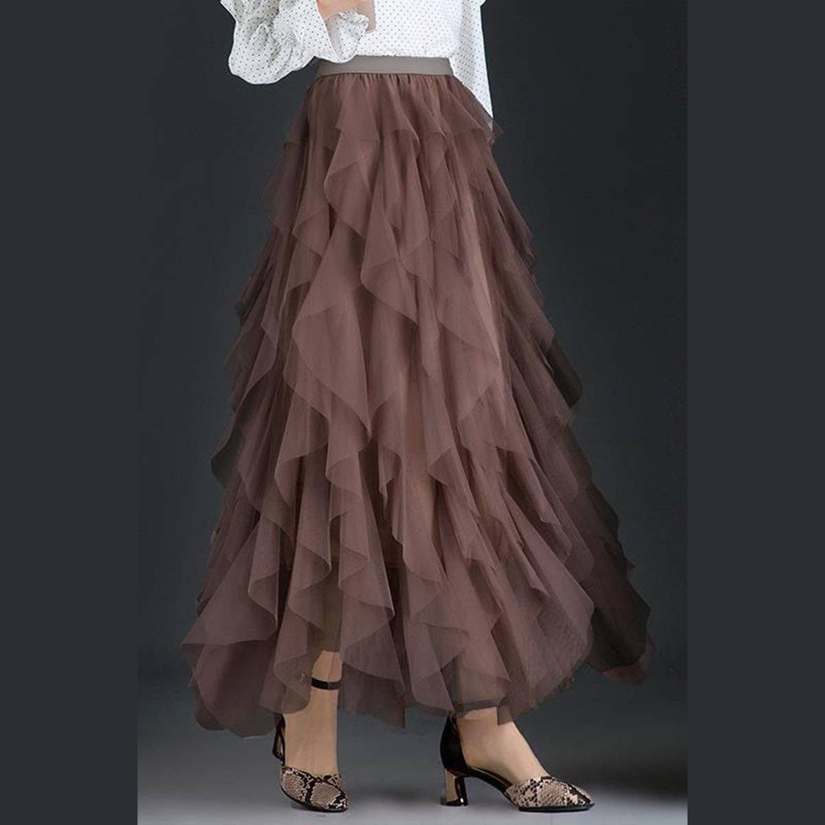 Tiered Maxi Tulle Skirt: KHAKI / S - Jaunts Boutique 