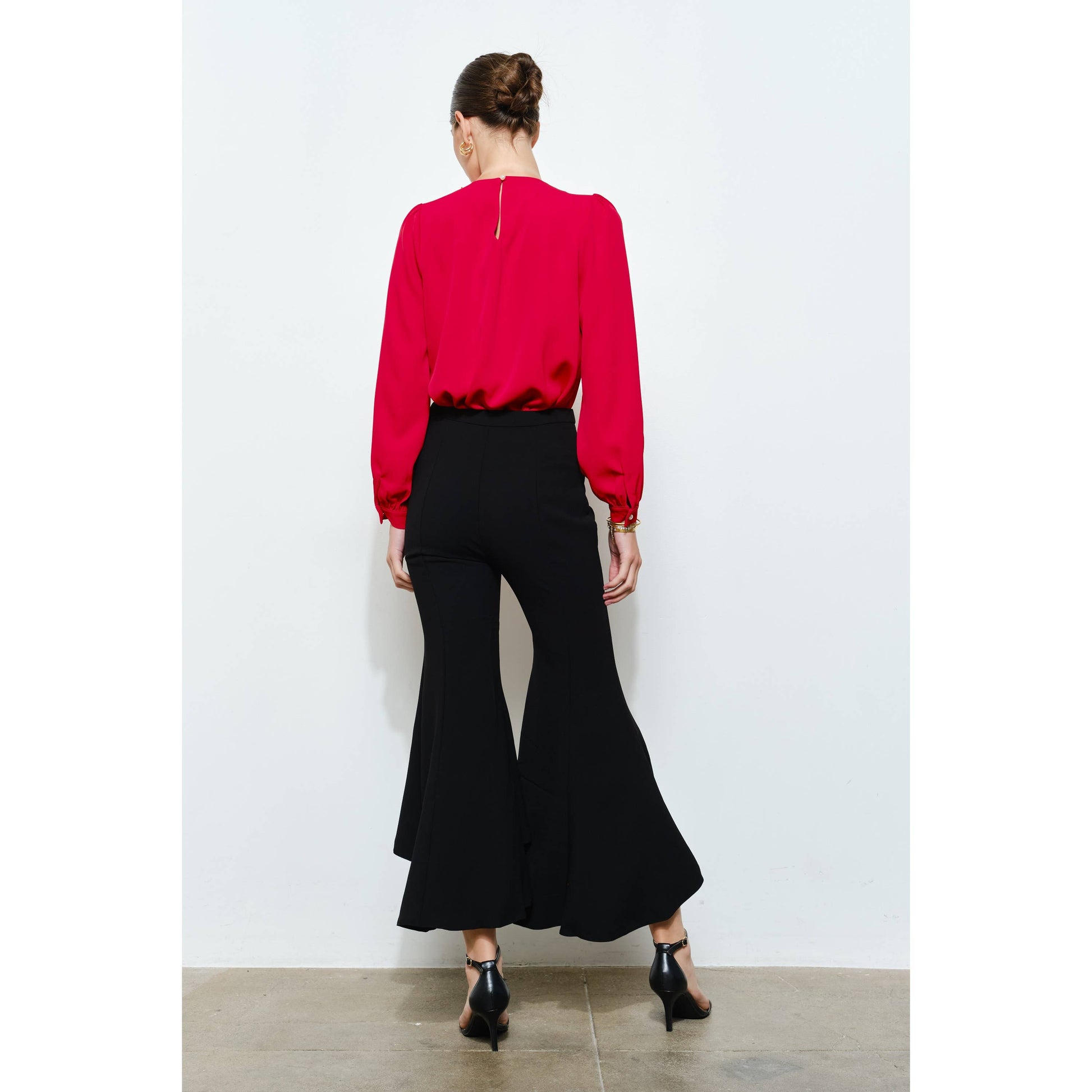 Draped Ruffle High-Low Flare Pants in Grey - Jaunts Boutique 