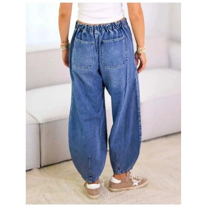 PRE-ORDER Elastic Waist String Tie Pocket Barrel Denim Pants in Dark Denim - Jaunts Boutique 