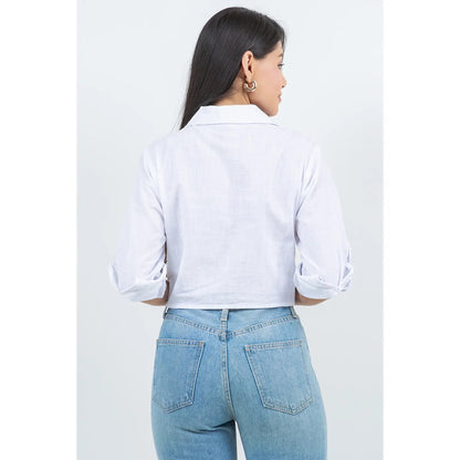 Flap Pocket Tie Front Knot Cropped Shirt in White