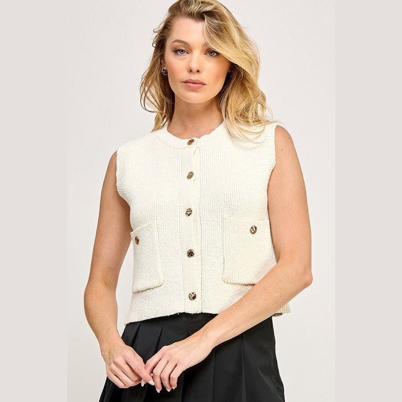 Button Down Waistcoat Sleeveless Sweater in Off White and Navy