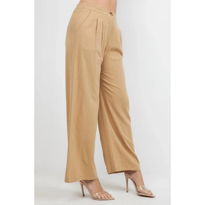 High waisted Pleated Wide Leg Pants in Linen - Khaki