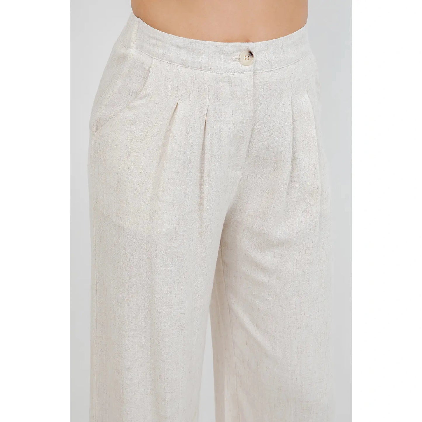 High waisted Pleated Wide Leg Pants in Linen - Khaki