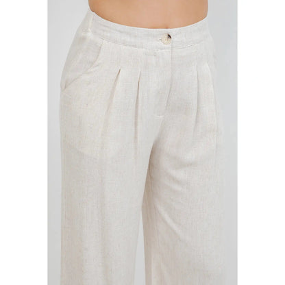 High waisted Pleated Wide Leg Pants in Linen - Khaki