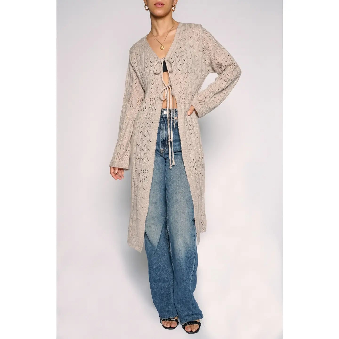 Sans Souci Tie Front Duster Cardigan in Stone