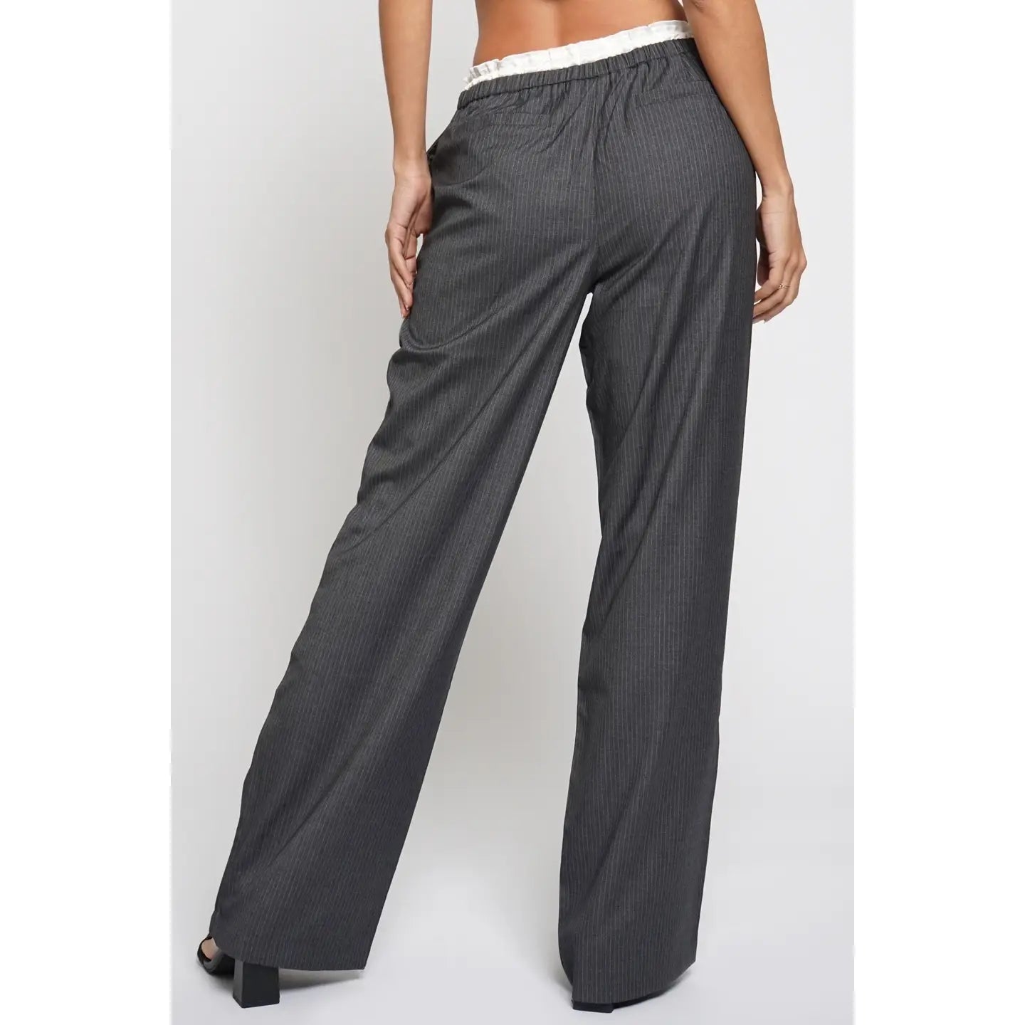 Satin Contrast Drawstring Pinstripe Pants in Charcoal - Jaunts Boutique 