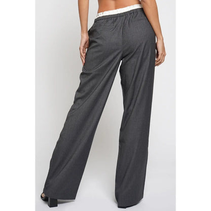 Satin Contrast Drawstring Pinstripe Pants in Charcoal - Jaunts Boutique 
