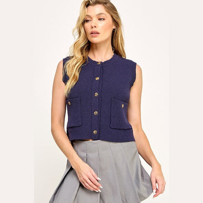 Button Down Waistcoat Sleeveless Sweater in Off White and Navy