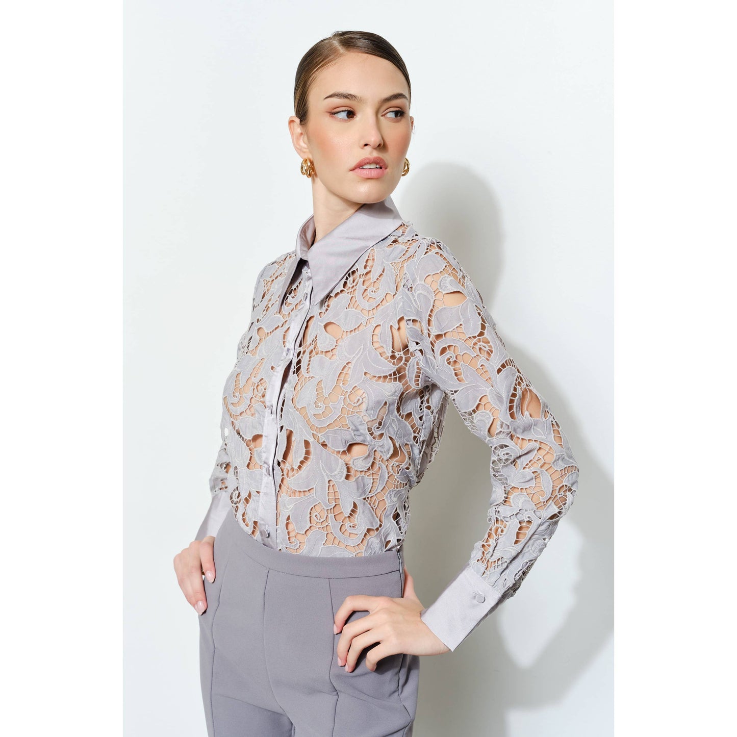 Luxe Satin Contrast Collar Lace Blouse in Ash - Luxe Collection - Jaunts Boutique 