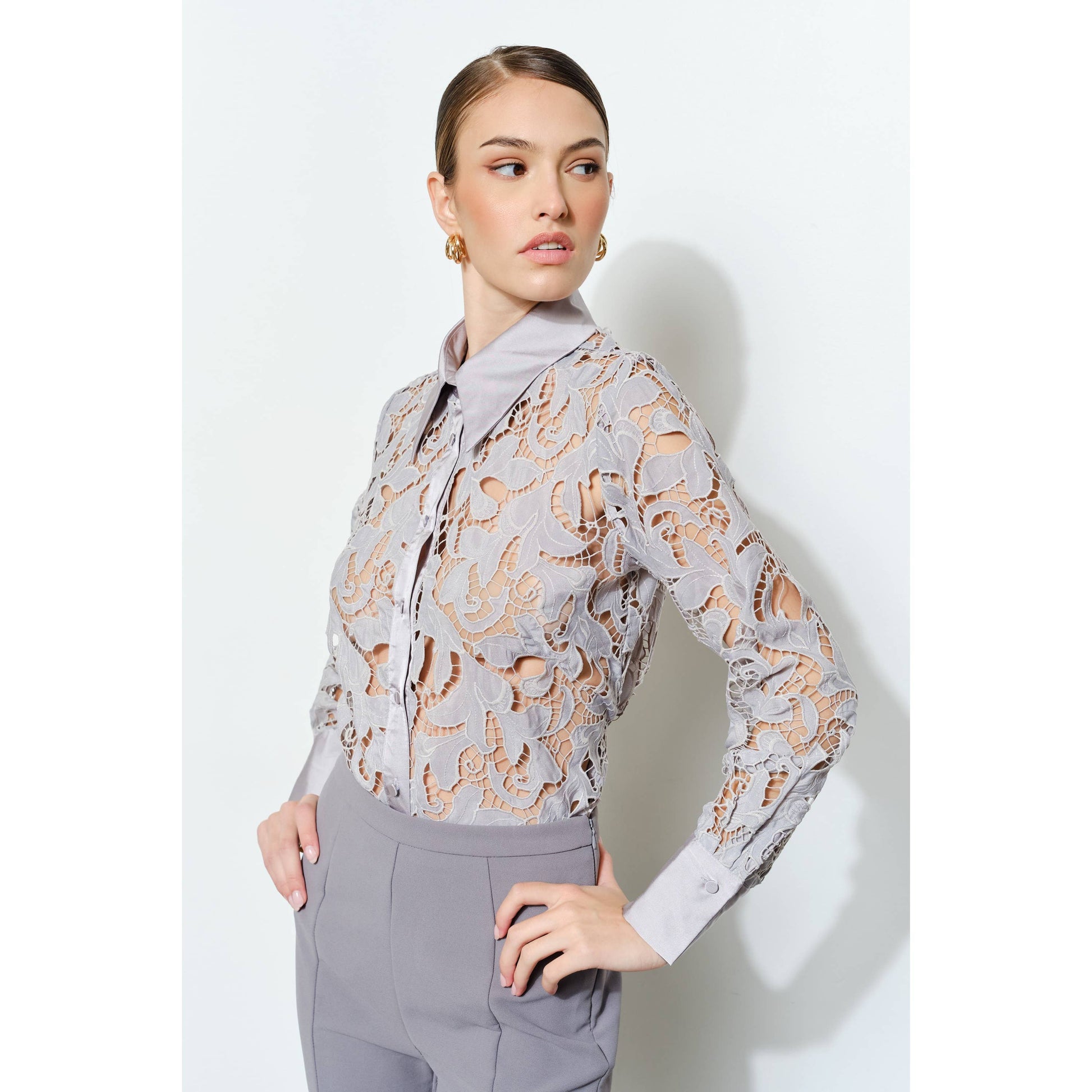 Luxe Satin Contrast Collar Lace Blouse in Ash - Luxe Collection - Jaunts Boutique 