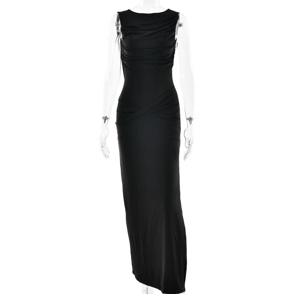 Draped Backless Maxi Dress in Black - Jaunts Boutique 