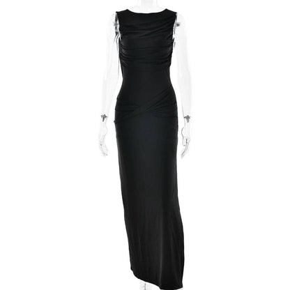Draped Backless Maxi Dress in Black - Jaunts Boutique 