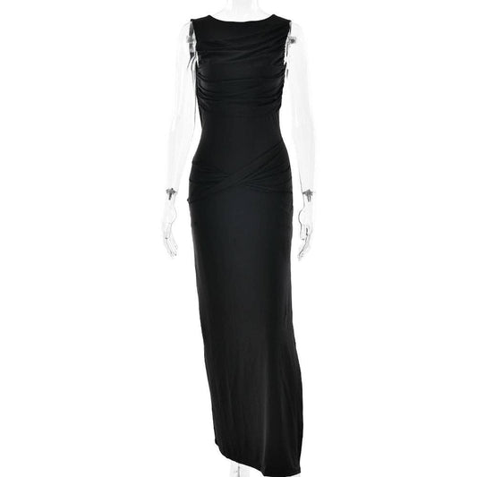 Draped Backless Maxi Dress in Black - Jaunts Boutique 