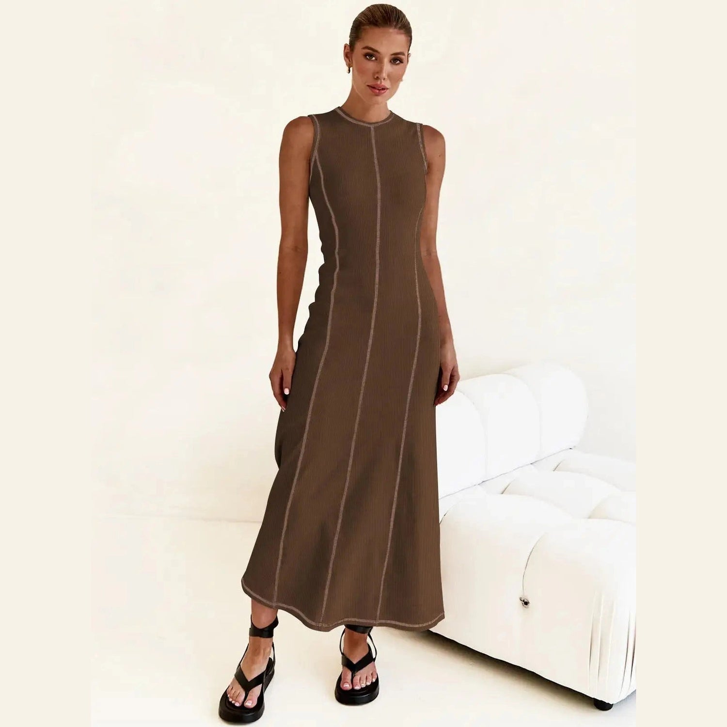 PRE-ORDER Stitch Ribbed Knit Midi Tank Dress in White and Brown - Jaunts Boutique 