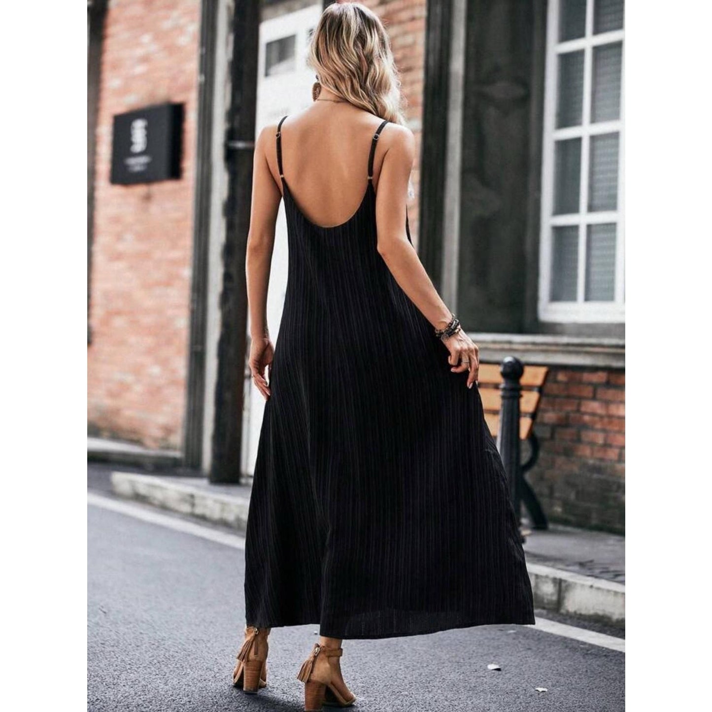 Pleated Midi Slip Dress - Black