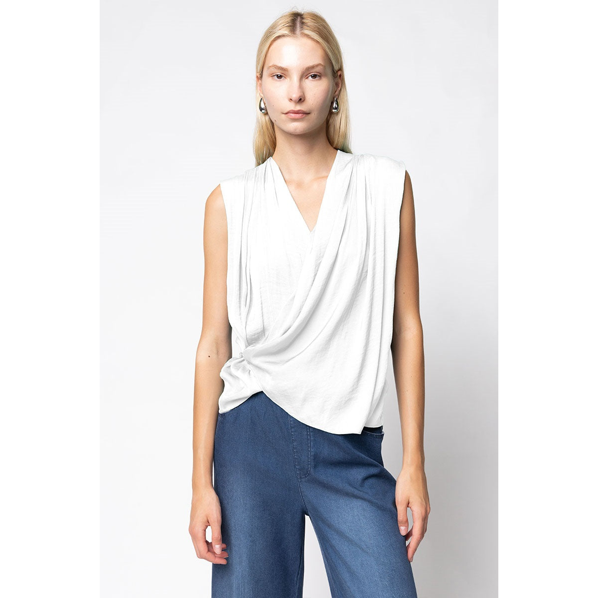 Sleeveless Wrap Top with Side Button Closure in White & Black - Jaunts Boutique 