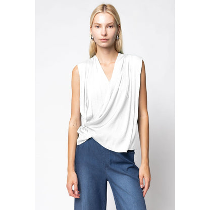 Sleeveless Wrap Top with Side Button Closure in White & Black - Jaunts Boutique 