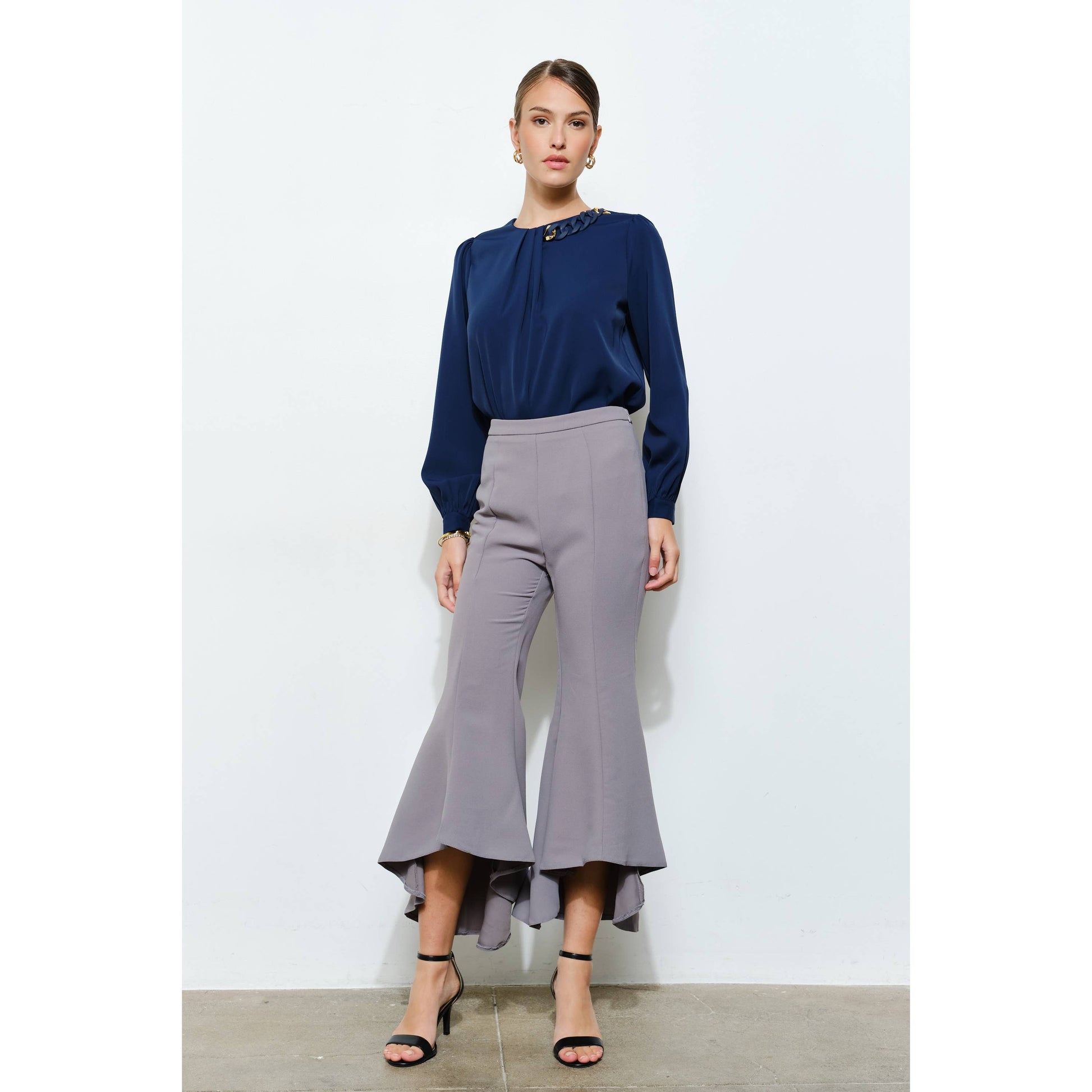 Draped Ruffle High-Low Flare Pants in Grey - Jaunts Boutique 