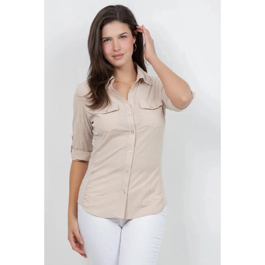 Knit To Fit Button Down Utility Shirt in White - Beige