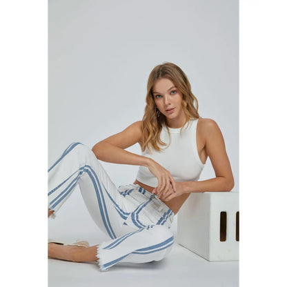 Striped High Rise Crop Flare Denim with Frayed Hem in White & Light Denim