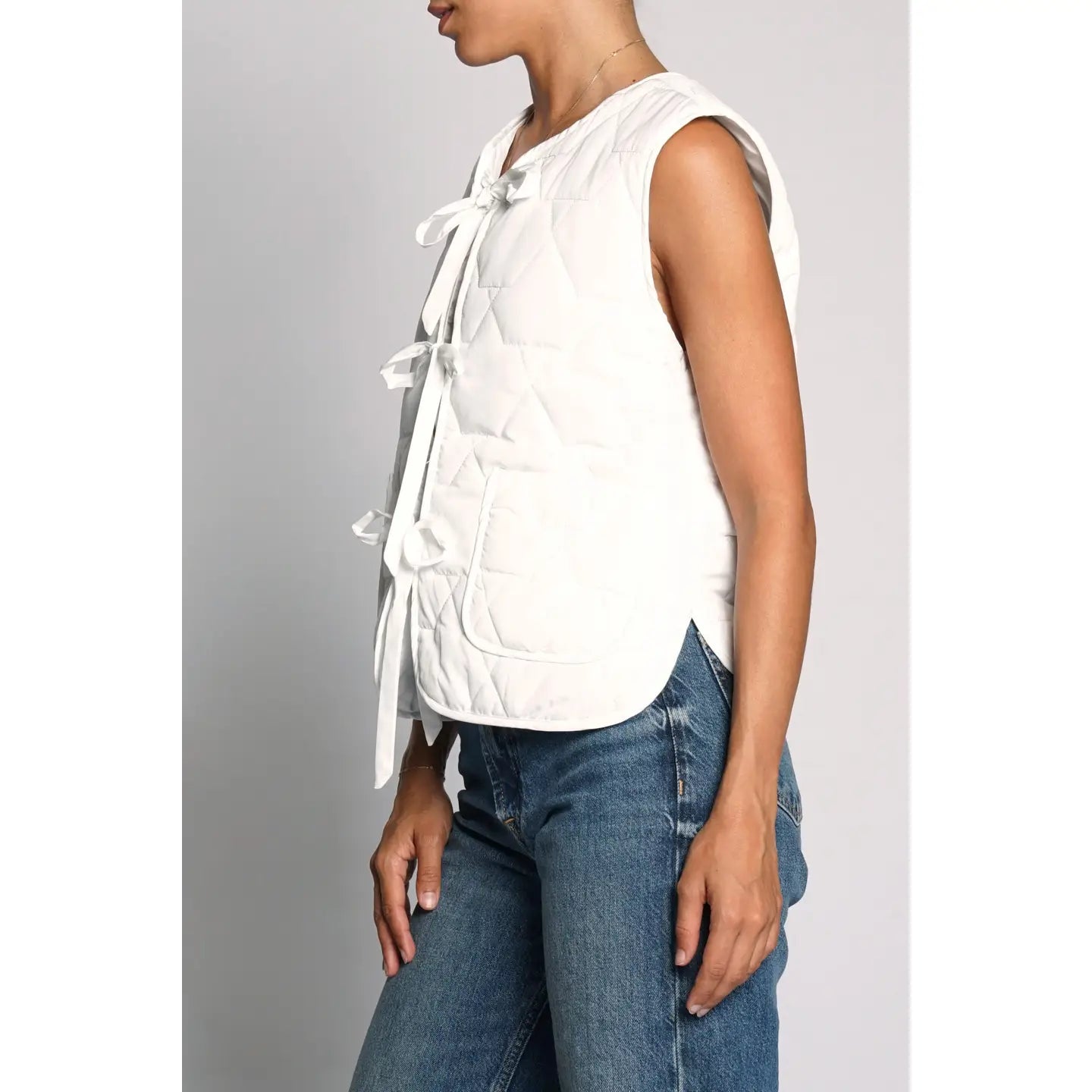 Sans Souci Padded Sleeveless Vest with Tie Front in White