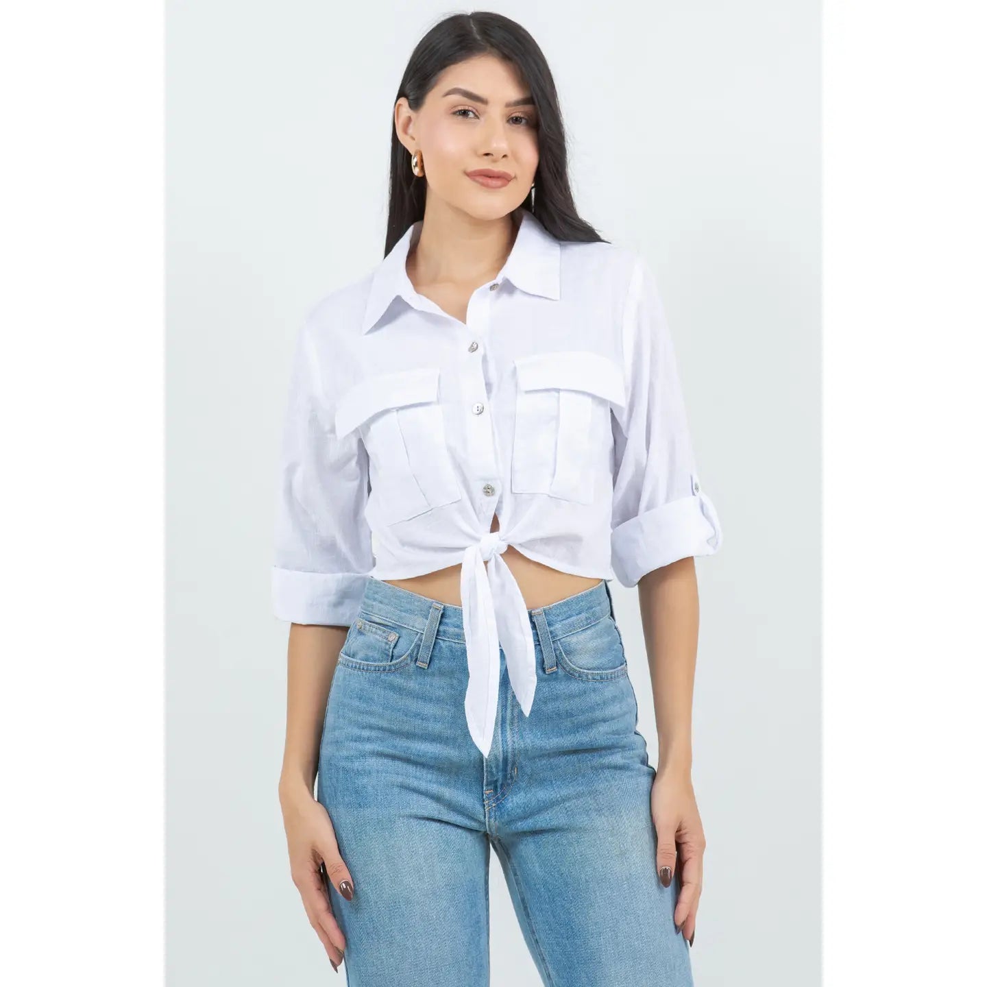 Flap Pocket Tie Front Knot Cropped Shirt in White