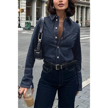 Classic Button-Up Denim Shirt: BLUE / L - Jaunts Boutique 