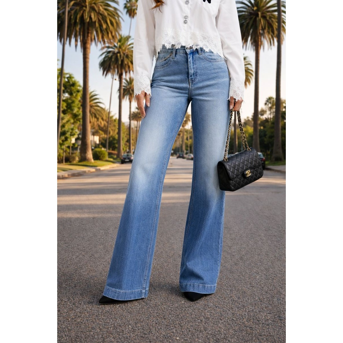 Striped Ombré Straight Wide-Leg Front Rhinestone Detail Denim