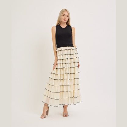 Tiered Ruffle Maxi Dress - Cream & Black