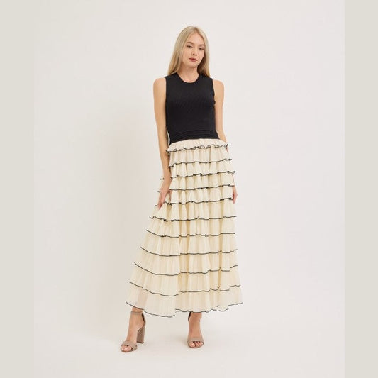 Tiered Ruffle Maxi Dress - Cream & Black