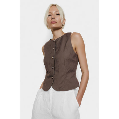 Sleeveless Woven Vest Top with Back Tie in Light Chocolate - Jaunts Boutique 