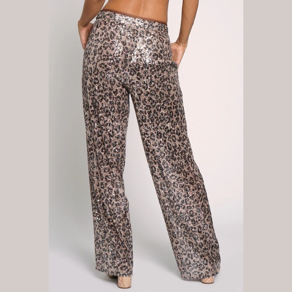 Leopard Sequin Wide-Leg Pants - Jaunts Boutique 