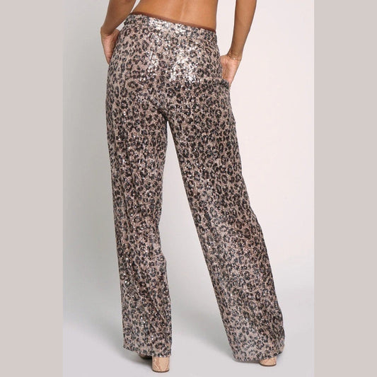 Leopard Sequin Wide-Leg Pants - Jaunts Boutique 