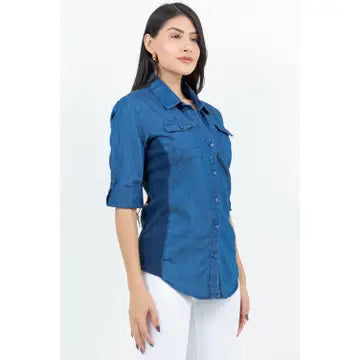 Stretch Side Rib Denim Button Down Shirt in Medium Wash