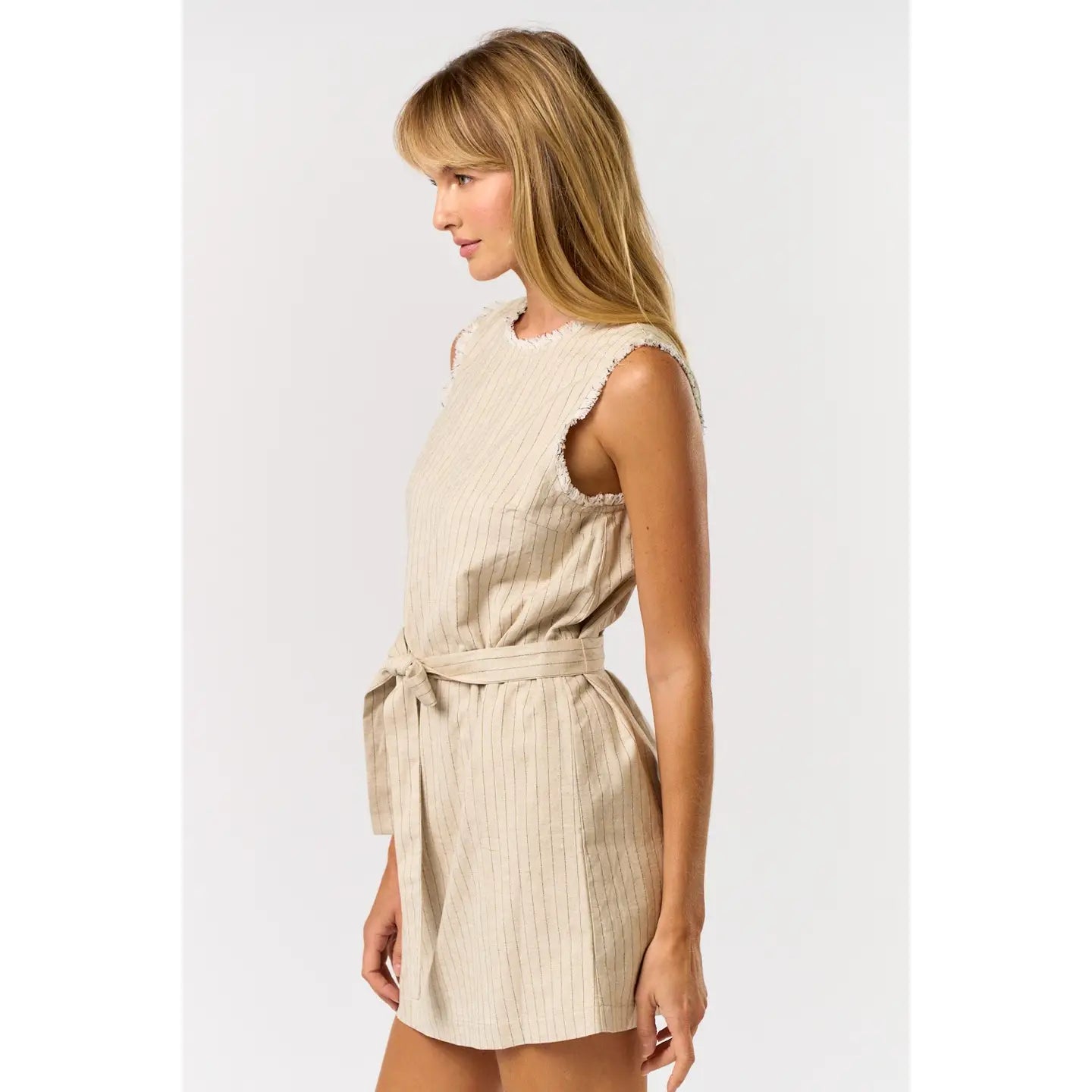 Fringe Hem Waist Tie Stripe Mini Dress in Oatmeal