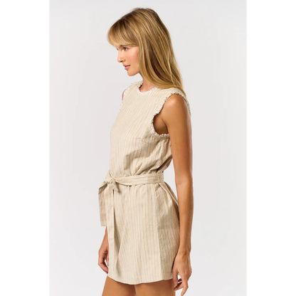 Fringe Hem Waist Tie Stripe Mini Dress in Oatmeal