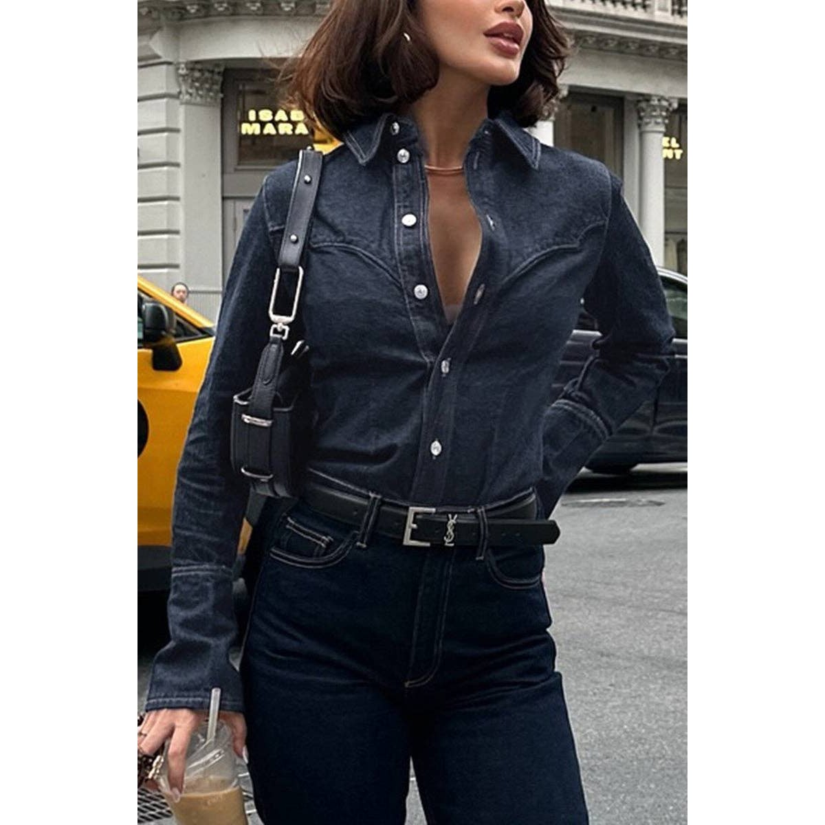 Classic Button-Up Denim Shirt: BLUE / L - Jaunts Boutique 
