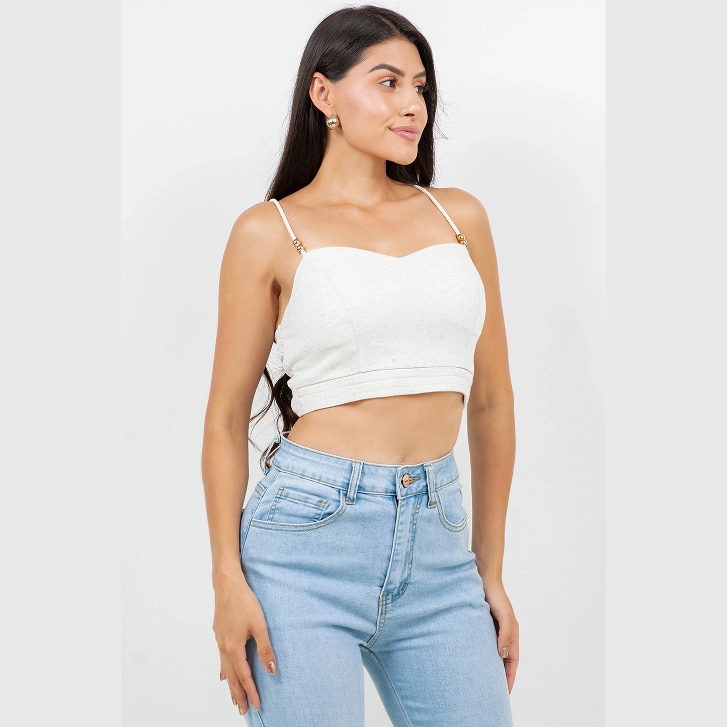 Linen Blend Rope Strap Gold Ring Fitted Bralette Cami Crop Top - Linen - Khaki