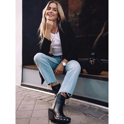 Short Cowboy-Style Mid-Heel Pointy Boot in Black Synthetic Leather - Jaunts Boutique 