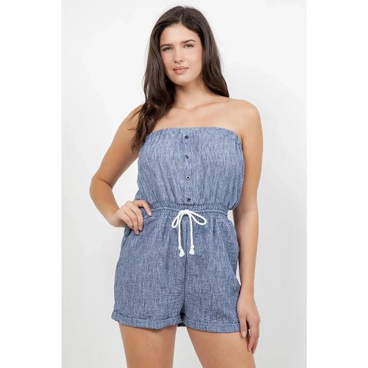 Airflow Strapless Elastic Waist Romper in Washed Denim