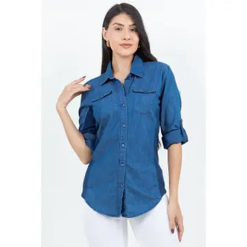 Stretch Side Rib Denim Button Down Shirt in Medium Wash