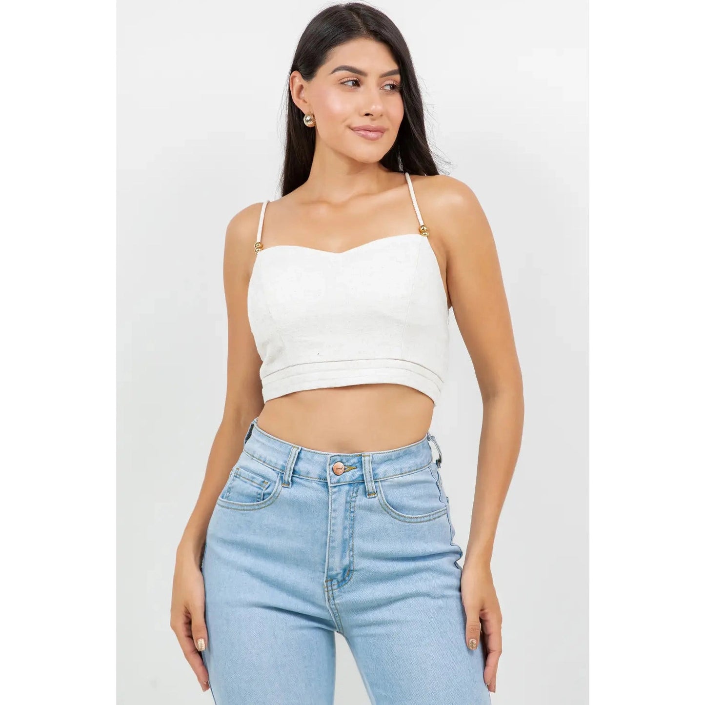 Linen Blend Rope Strap Gold Ring Fitted Bralette Cami Crop Top - Linen - Khaki
