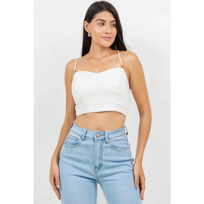 Linen Blend Rope Strap Gold Ring Fitted Bralette Cami Crop Top - Linen - Khaki