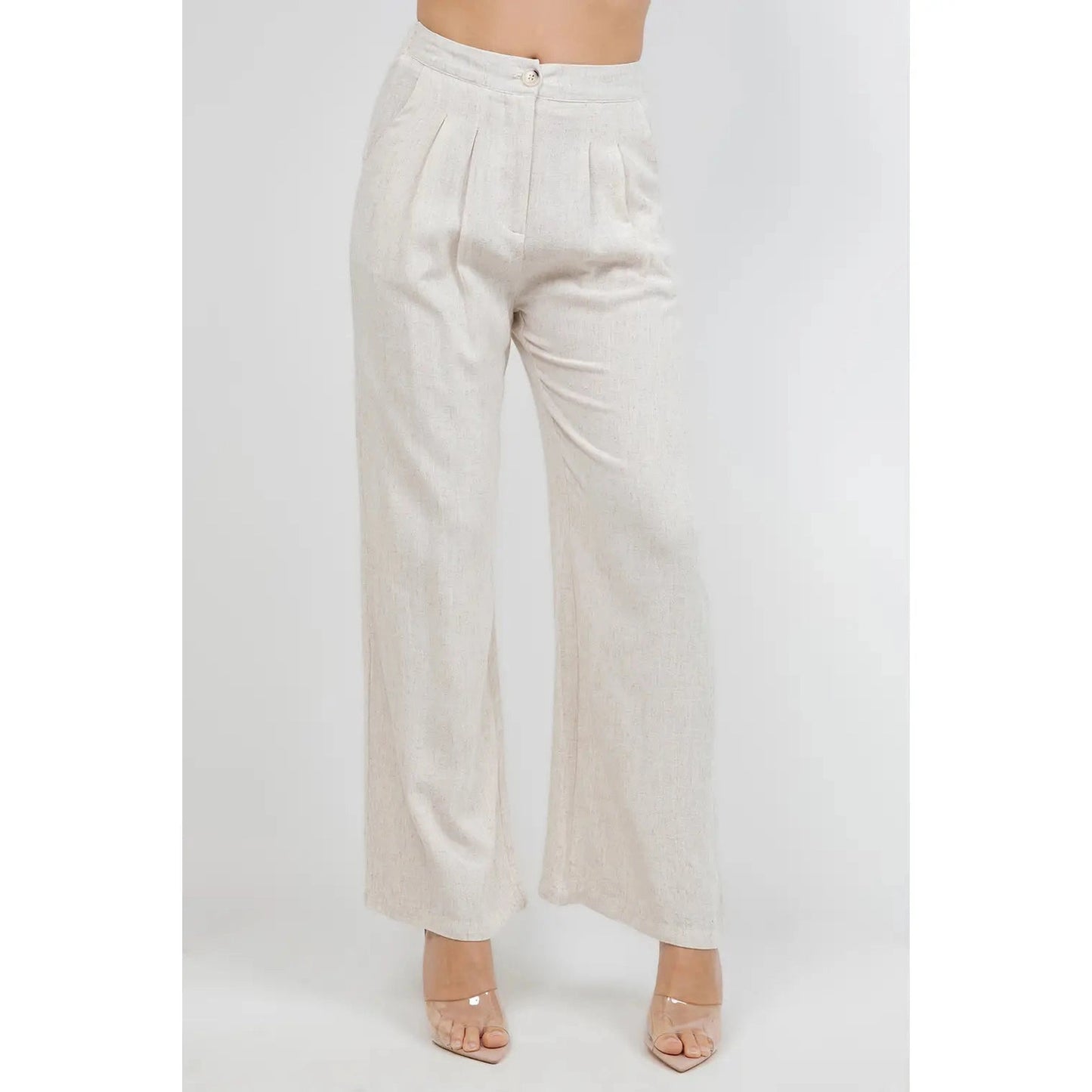 High waisted Pleated Wide Leg Pants in Linen - Khaki