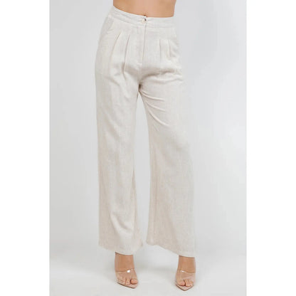 High waisted Pleated Wide Leg Pants in Linen - Khaki