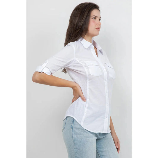 Knit To Fit Button Down Utility Shirt in White - Beige