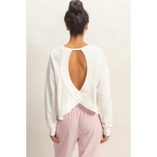 Cross Detail Open Back Long-Sleeve Top - White