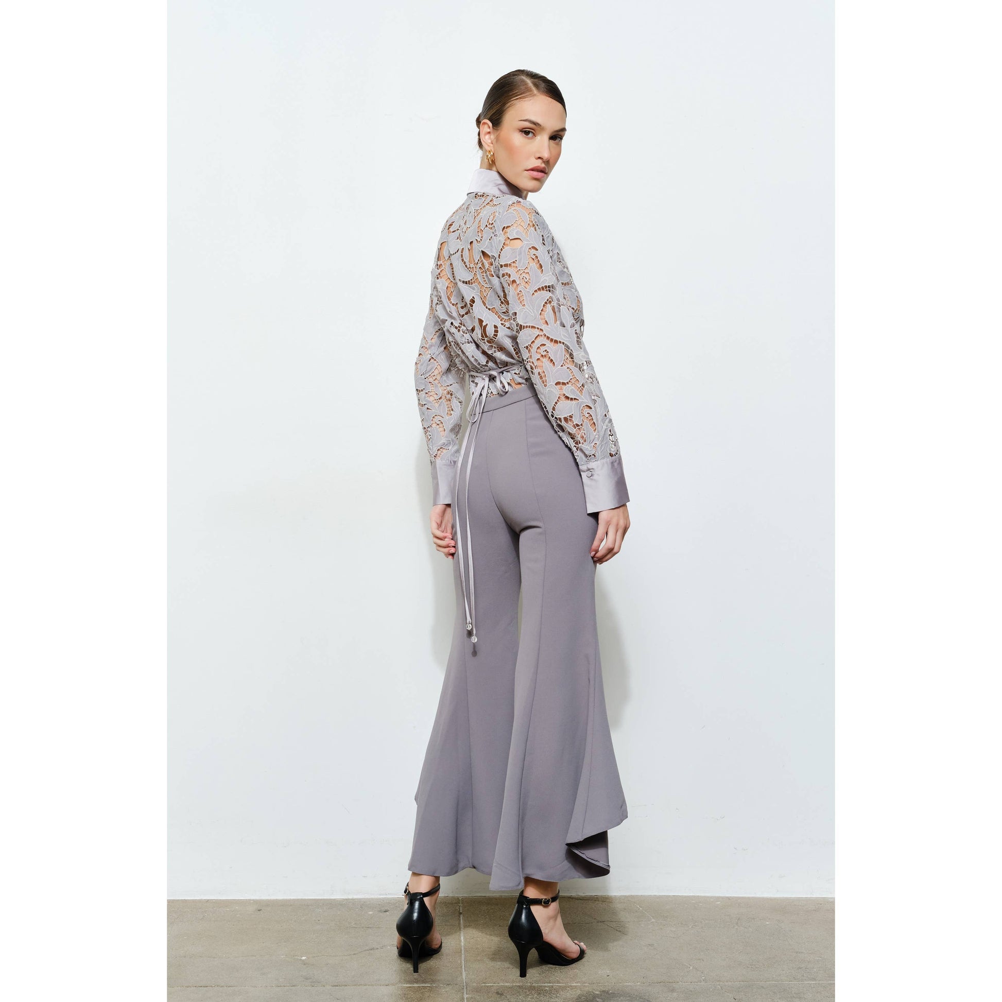 Luxe Satin Contrast Collar Lace Blouse in Ash - Luxe Collection - Jaunts Boutique 