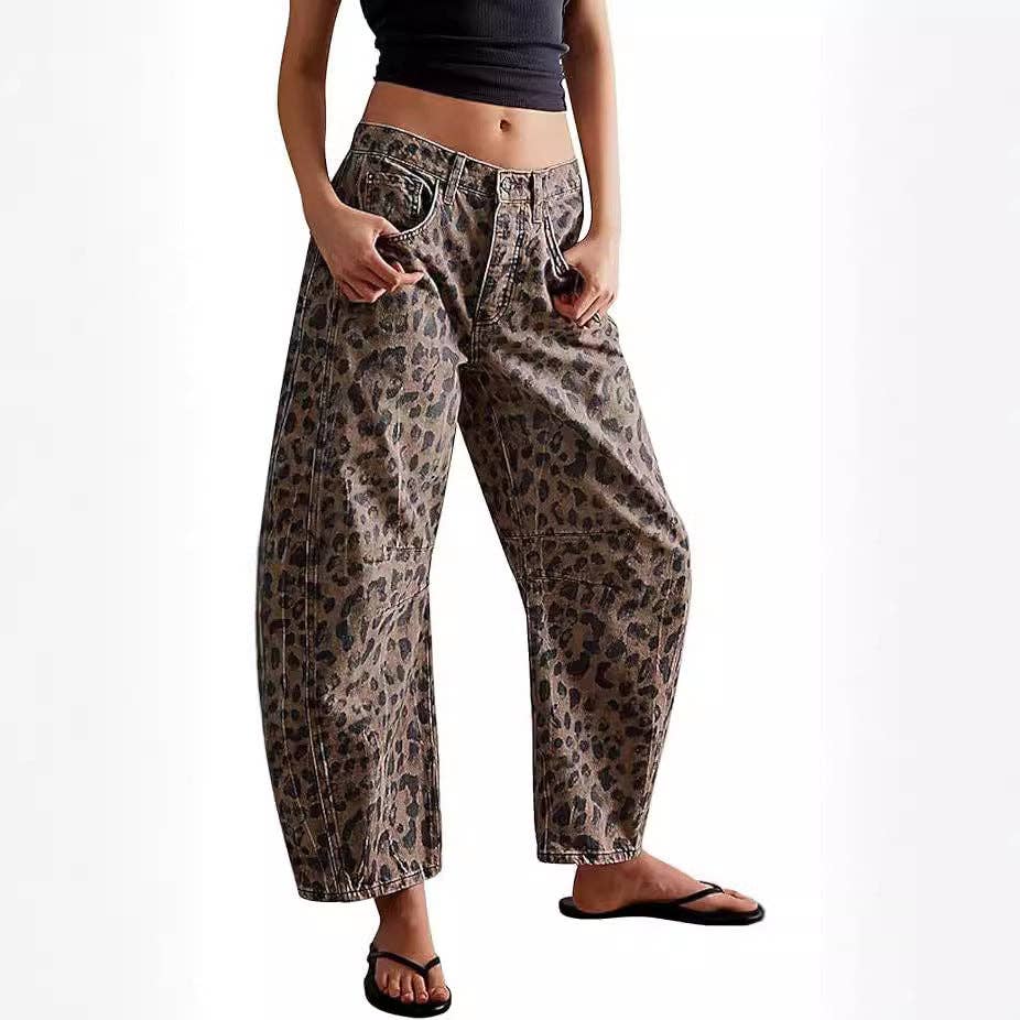 Midi Rise Wide Leg Barrel Denim Pants in Leopard Print - Jaunts Boutique 